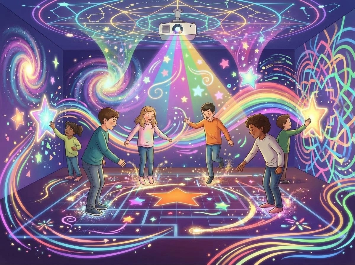 Cinque bambini giocano nella sala immersiva: il videoproiettore in alto illumina il pavimento e le pareti con stelle e colori.
